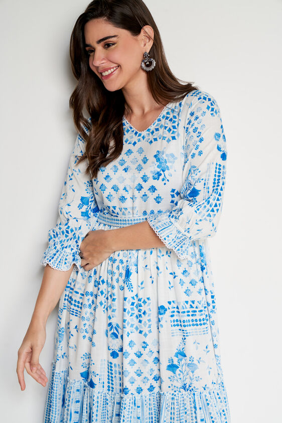 Blue Abstract Flared Dress, Blue, image 4